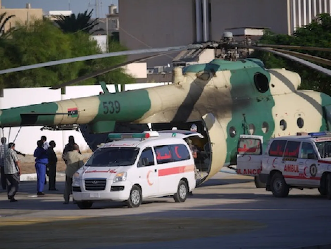A helicopter brings casualties back to Misrata on Thursday. (Photo: George Grant)