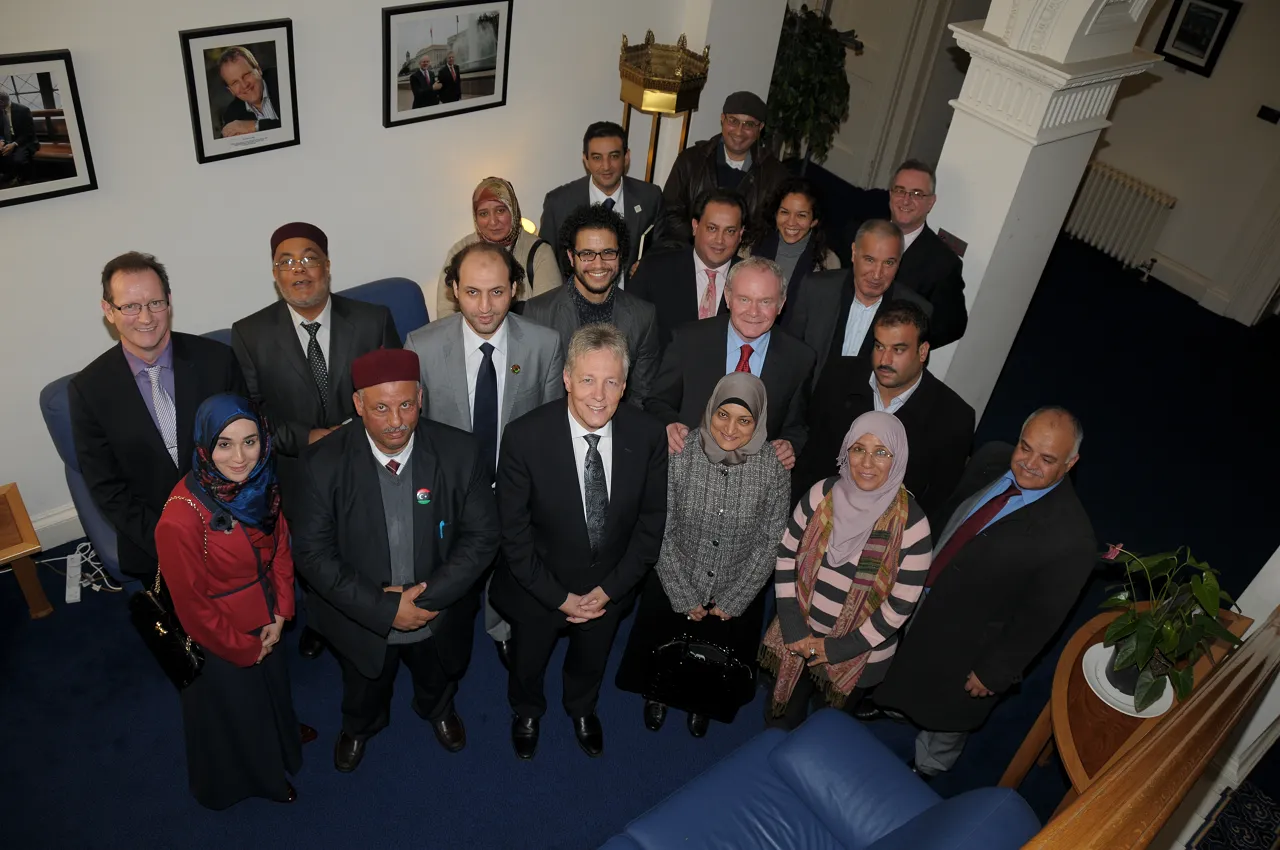 The Libyan delegation with Northern Ireland First Minister Peter Robinson and his deputy Martin McGuinness (Photo: Faten Babaa)