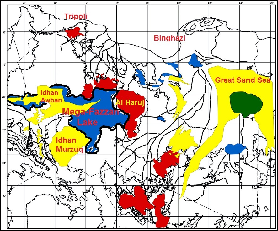 Figure 3: Lake Mega-Fezzan reached an area of about 120,000km2 during the humid periods, after the basin has been blocked by the volcanic fields in the east. (Red, volcanic fields, blue old lakes, yellow sand seas) ( Figure after N. Drake et al., Fezzan Mega-Lake Project, 2007) .