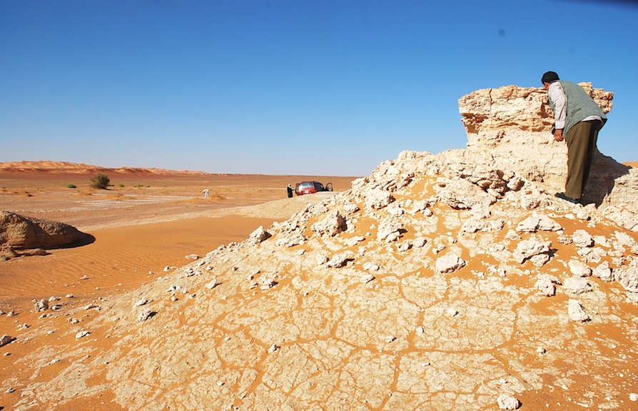 Figure 5: Inter-dune lake with white lacustrine limestone deposits, probably Pleistocene-Holocene in age.