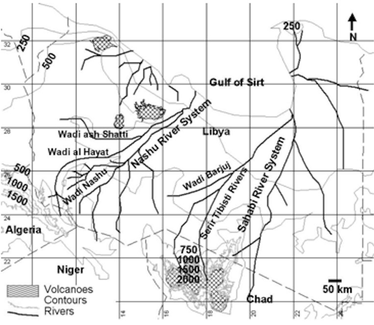 Figure 1: During the Miocene period, the Fezzan Region was drained by few major rivers: Wadi ash Shati, Wadi Ajal (Al-Hayat) and Wadi Nashu, forming the Nashu River System. The other river system is Wadi Barjuj. Al these rivers and the other rivers of Sahabi River System and Serir Tibisti Rivers run into the Mediterranean coast at the Gulf of Sirte ( Figure after N. Drake et al., Fezzan Mega- Lake Project, 2007)