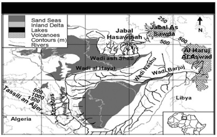 Figure 2: All the tributaries of River Nashu were gradually cut off by the Haruj Al-Aswad and its expansion towards Jabal Al-Sawda in the Late Miocene or Early Messinian periods. Wadi Barjuj was blocked by the growth of Al-Haruj Al-Aswad and Haruj Al-Abyad sometime between 4 and 2 MA (Figure after N. Drake et al., Fezzan Mega- Lake Project, 2007) .