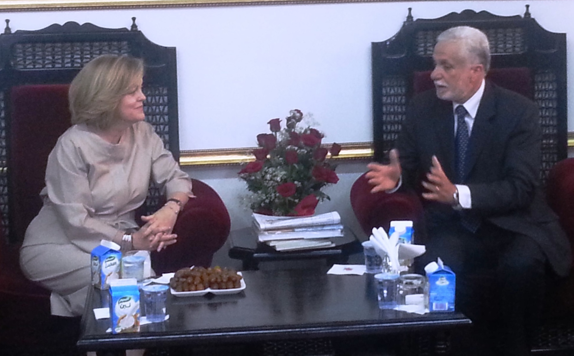 US ambassador Jones with TLC's Elbadri US Ambassador Debora Jones at her meeting with Tripoli Local Council Chairman Sadat Elbadri (photo: Umar Khan)