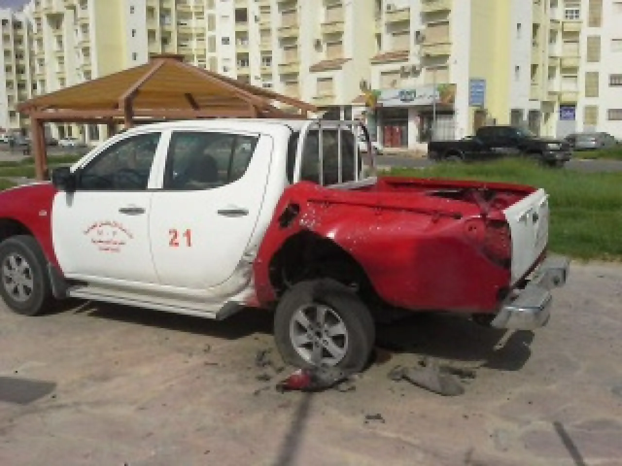 The bodywork of the Military Police truck was seriously damaged by the explosion