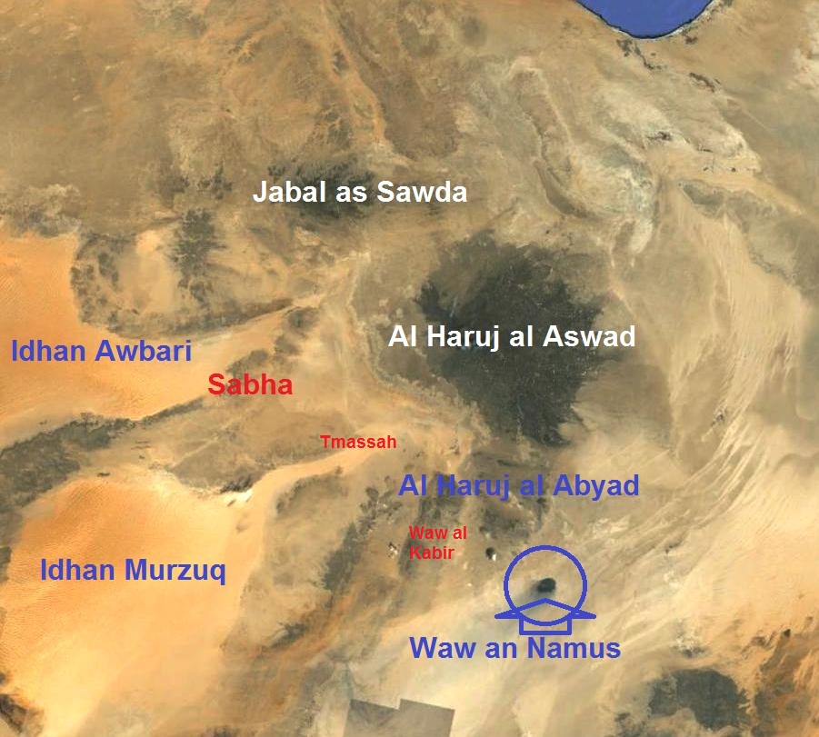 Figure 3: Satellite image showing location of Waw An-Namus in south-central Libya, at the southern edge of the major Al Haruj volcanic field.