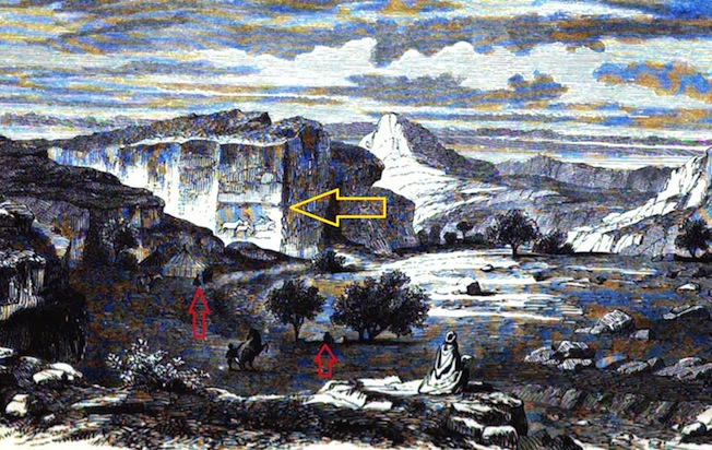 Messak Fig.2 Figure 2: Wadi Tilizzaghen as seen by Heinrich Barth on his first trip to the Messak, in July,1850. Note his camp site near the acacia trees (red arrows) and the engravings facing the camp on the face of the steep cliff in the central part of the drawing (yellow arrow).