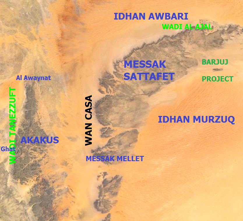 Messak Fig.8 Figure 8: The crescent-shaped Messak Sattafet and Messak Mellet. Note that the plateau is delimited by high cliffs on its western and northern sides, while it gradually ends under the Idhan Murzuq Sand Sea in the east. The famous Akakus mountains in the west are rich in prehistoric paintings and are registered with UNESCO as a World Heritage site.
