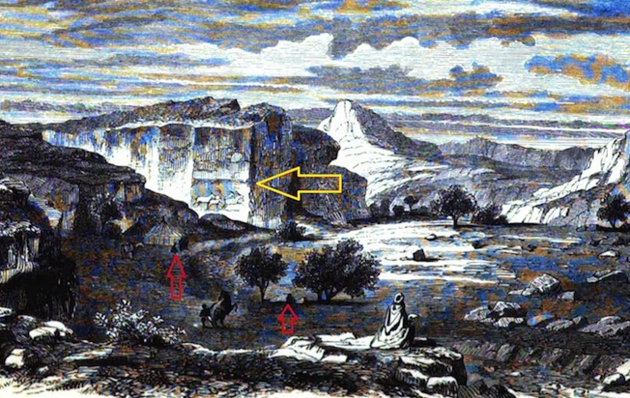 Messak Fig.2 Figure 2: Wadi Tilizzaghen as seen by Heinrich Barth on his first trip to the Messak, in July,1850. Note his camp site near the acacia trees (red arrows) and the engravings facing the camp on the face of the steep cliff in the central part of the drawing (yellow arrow).