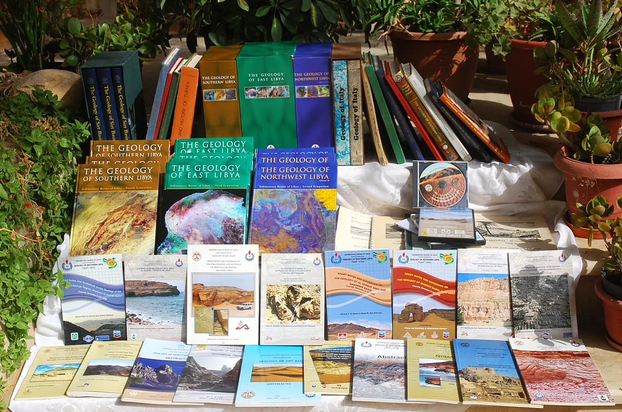 Figure 8:  Earth Science Society of Libya (ESSL) library with over 60 publications through its life span of 55 years. While the newer publications are still available in hard copies in very handsome coloured publications (thanks to the unlimited support from the NOC and its companies); the old out-of-print ones are being scanned and produced in digital format so that they will be available as e-books.  It is hoped that this library will be expanded in the near future and more field activities and international gatherings are held.