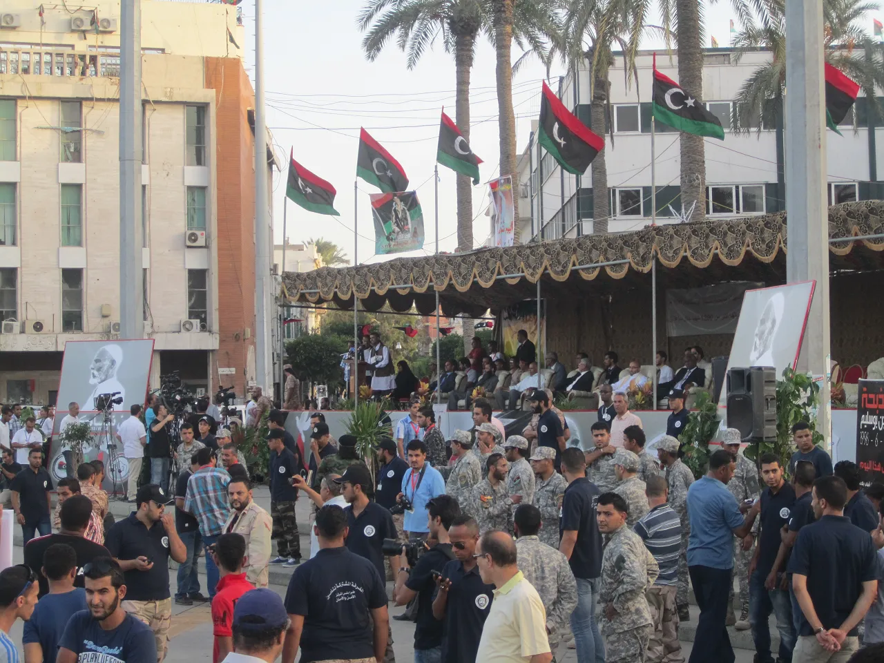Families of the martyred sat on a stage in the centre of Martyrs' Square (Photo: Seraj Essul, Libya Herald)