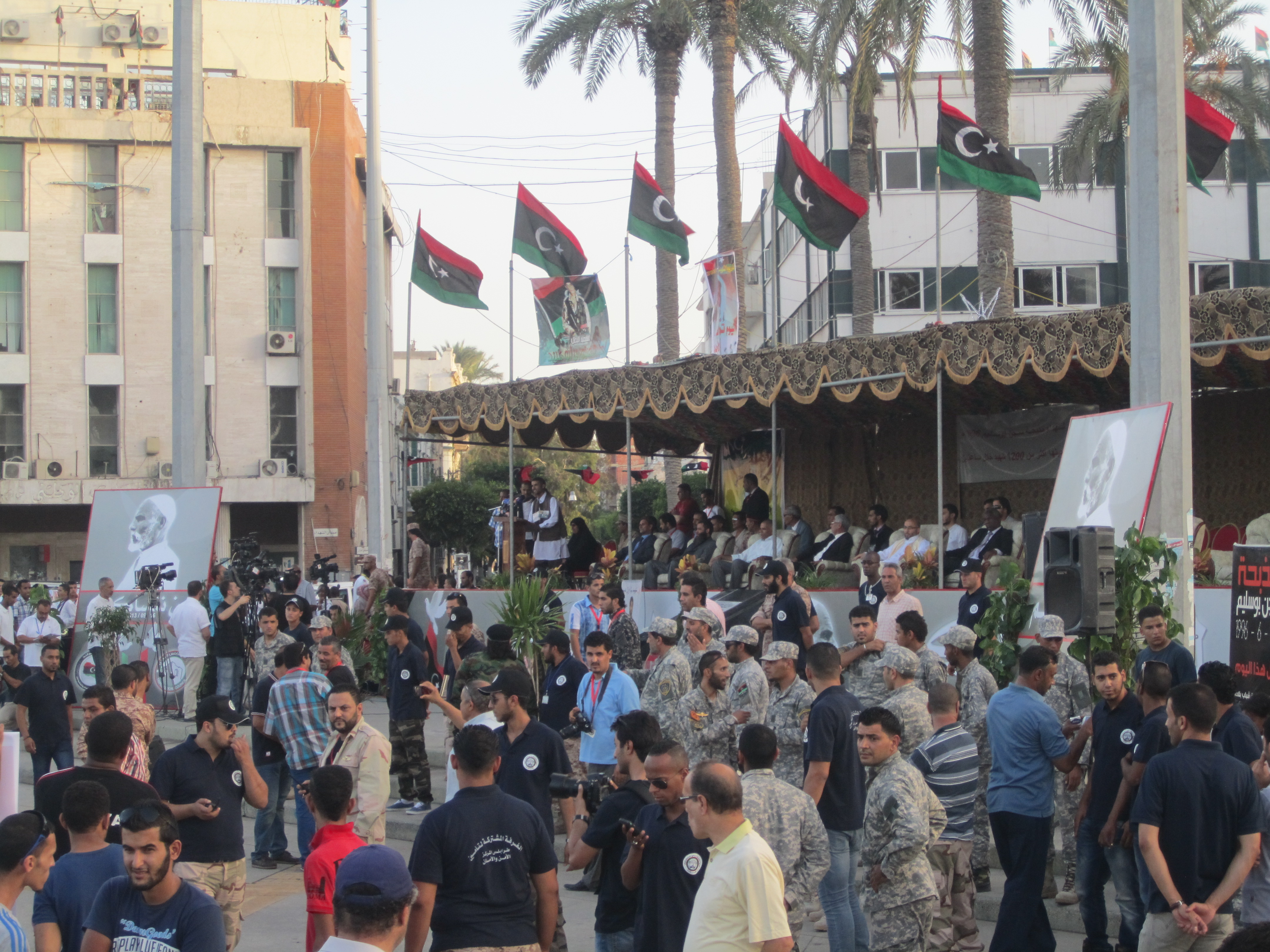 Families of the martyred sat on a stage in the centre of Martyrs' Square (Photo: Seraj Essul, Libya Herald)