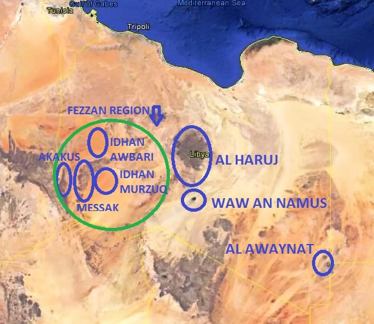 Figure, 2:  Satellite image of Libya showing the various sites in the Libyan Sahara, with heritage content. These sites were described in detail in the articles sited above.
