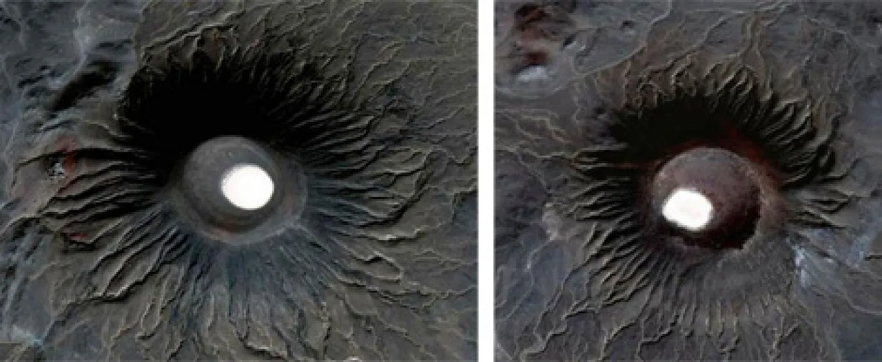 Almost identical volcanic cones in central al Haruj Al-Aswad. Typical radial drainage pattern signifies the uniformity of cone shape.  Sediments of fine sand and silt of fluvio-aeolean origin are in white in the centre of the cone.