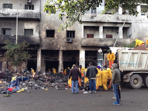 Apartments, shops and stalls were destroyed by the explosive blaze