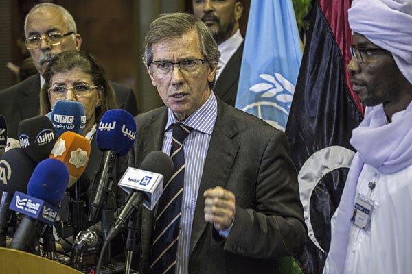 Leon speaking in Skhirat last night (Photo: UNSMIL)
