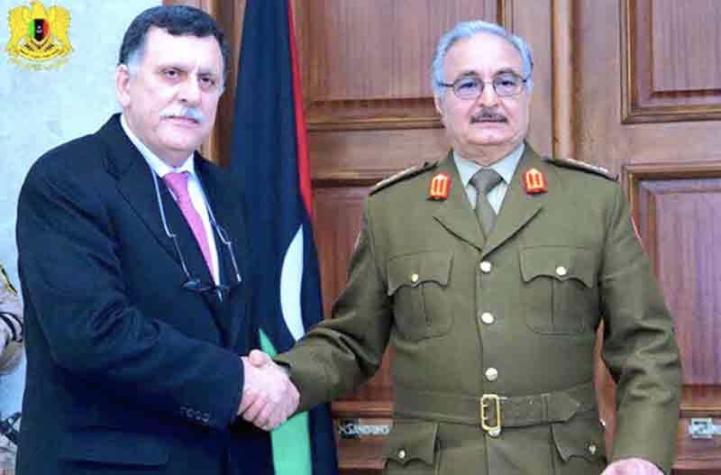 Serraj and Hafter pose for the camera in Marj in January (Photo: Libyan Army)