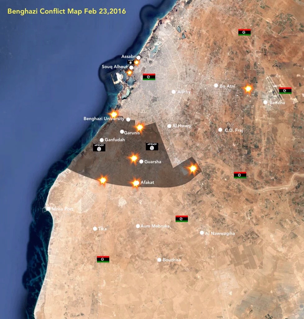 This morning militant thrust was to the south west of their Ganfouda enclav (Map: Mutaz Gedalla).
