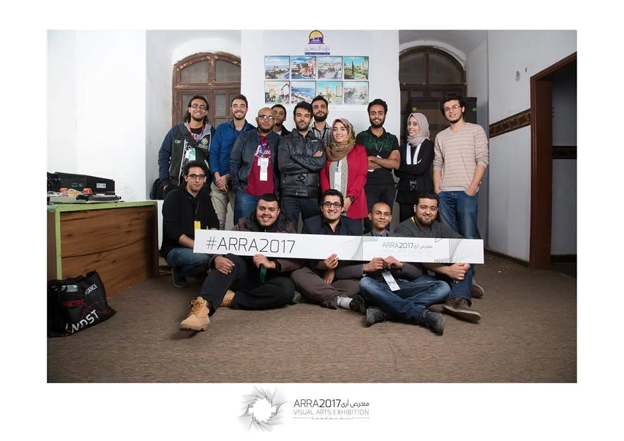The organizers of Benghazi's Arra 2017 Visual Arts exhibition: Moneer Alwerfally, Mans Duffani, Abdullah Hadia, Hamodi BenGazi, Mohammed Bar'asi, Malek Haddad, Muhammad El-Suleimani, An As, Boshra Kashbour, Wissam Salem, Mohamed Be, Aya Mohamed, Alhussien KH and Ahmed Alshareef