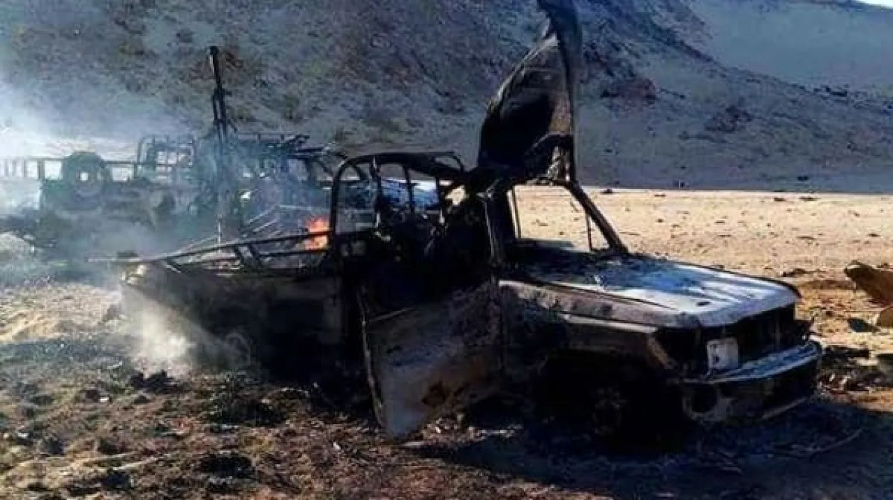 One of the terrorist vehicles after the air strike (Photo: Egyptian gov)