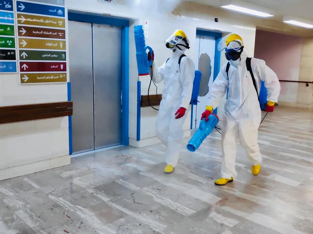 Tripoli University Hospital being disinfected as part of the anti Coronavirus campaign (Photo: MoI).