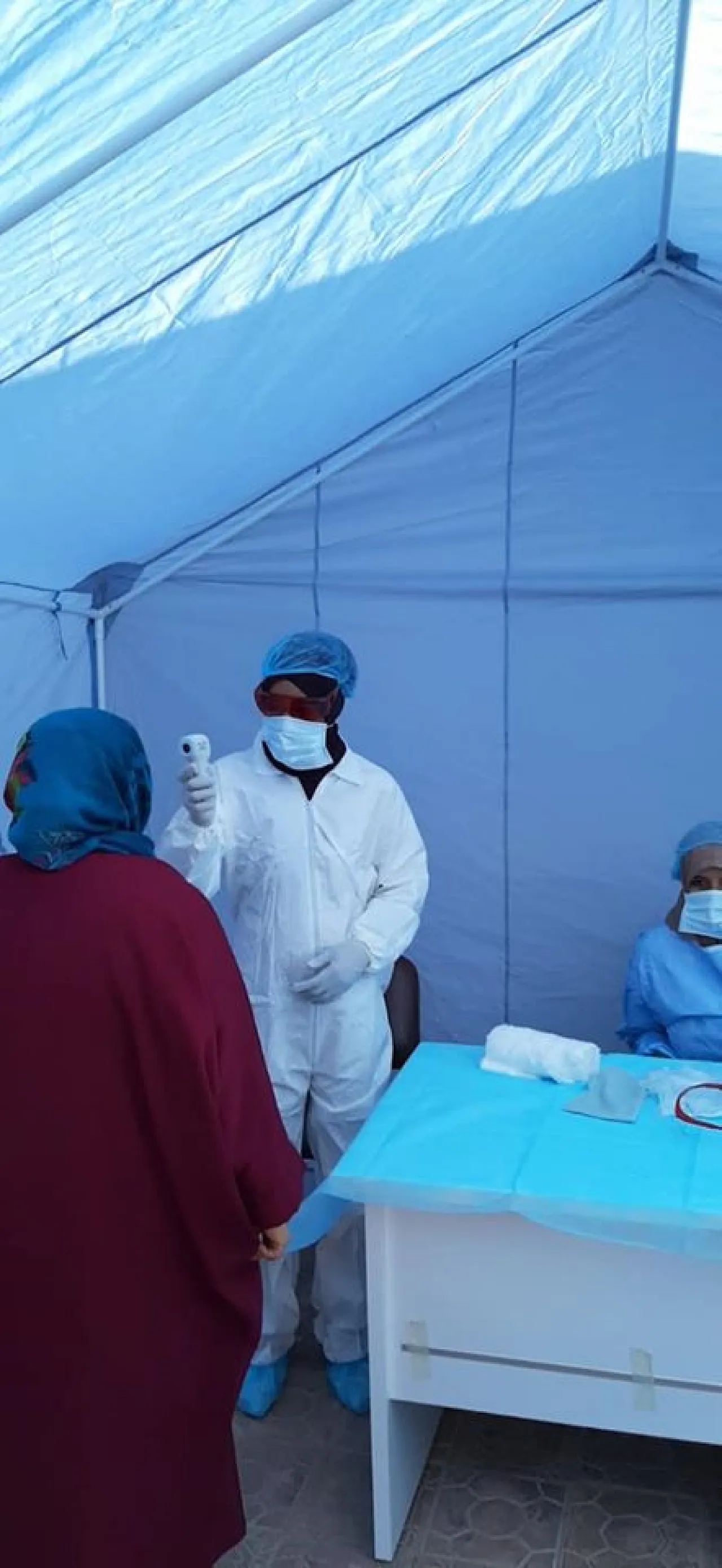 Busleem Municipality, Tripoli, Coronavirus Triage tent and hand held thermometre (Photo: Busleem Municipality).