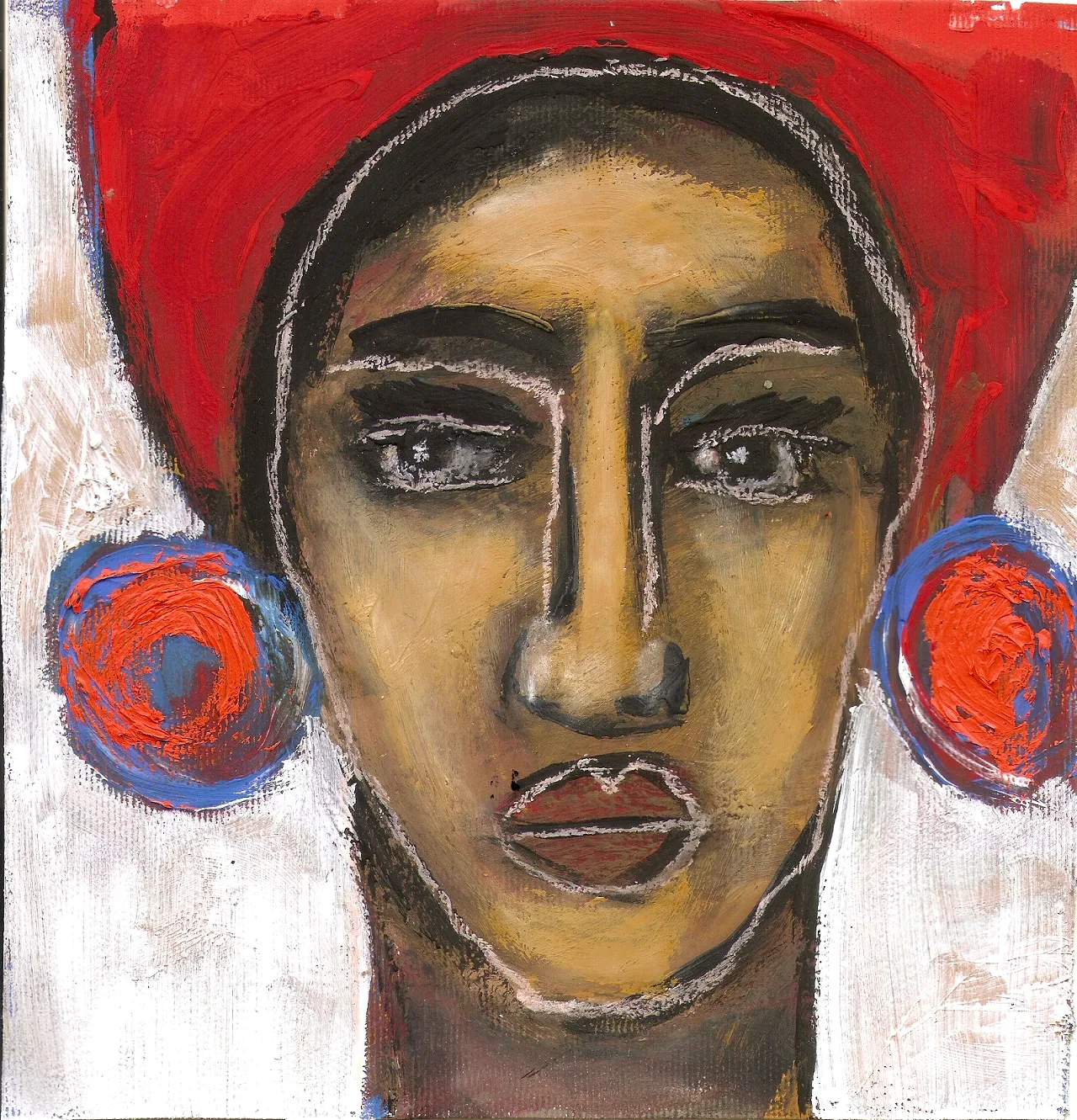 Orange earrings 2020. Painting of an African woman with a turban by Faiza Ramadan.