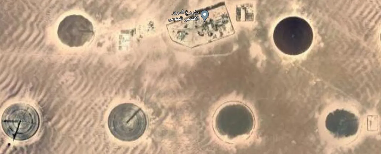 The Sariri Agricultural Project in south eastern Libya uses centre pivot irrigation fed by the Nubian Sandstone Aquifer System fossil aquifer water (Photo: Google Maps).