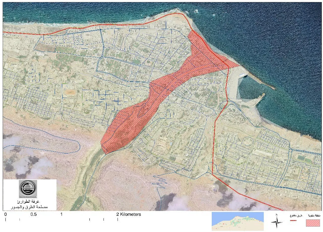 Libya's Roads and Bridges Authority depicts the area destroyed by Derna's floods (Photo: RAB Authority).